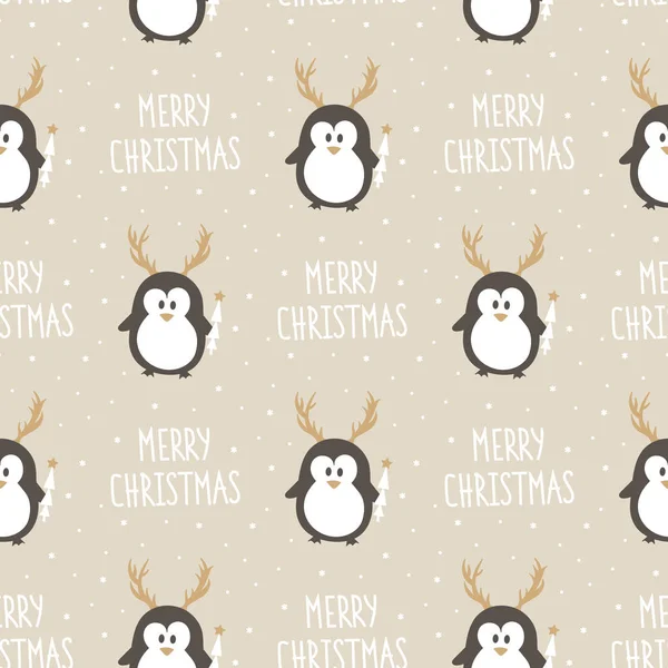 Raster Christmas seamless pattern of cute hand drawn grey brown Penguin with horns and christmas tree with white hand lettering Merry Christmas on beige background. — Stock Photo, Image