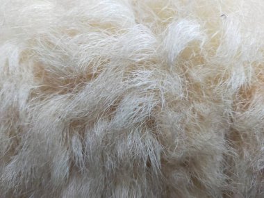 Yumuşak bej kürk liflerinin yakın çekim dokusu, sıcaklığı, konforu, kumaşı ve doğal malzemeyi sembolize eder.