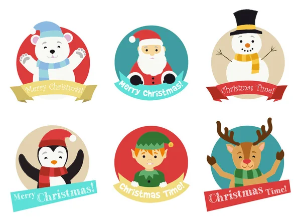 Christmas Characters North Pole Isolated Colorful Circles Wishing Merry Christmas — Stock Vector