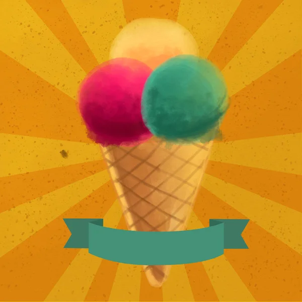 Single cone ice cream with vanilla, raspberry and mint scoops on a orange vintage background