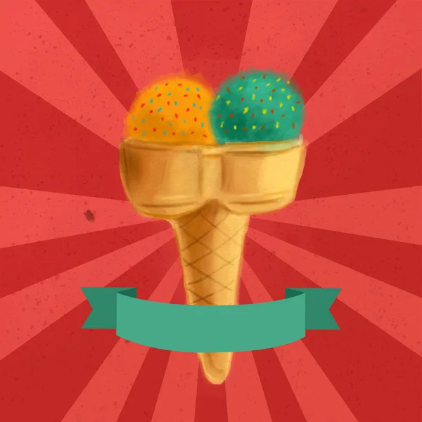 Double cone ice cream with orange and mint scoops on a red vintage background