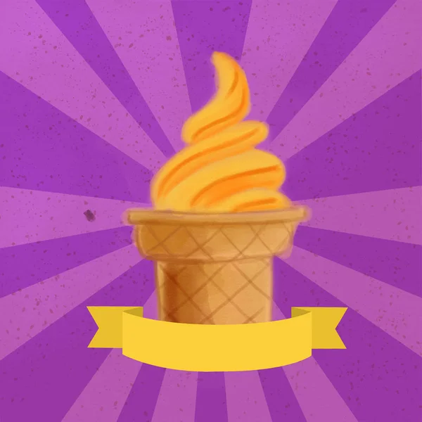 Wafer cup ice cream with a lemon and orange spiral on a violet vintage background