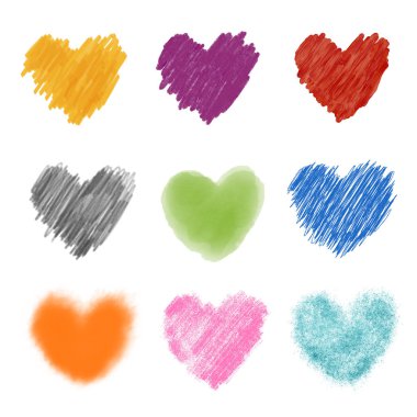 Farklı sanatsal tekniklerle çizilmiş ve boş bir arka planda izole edilmiş çeşitli kalp koleksiyonu