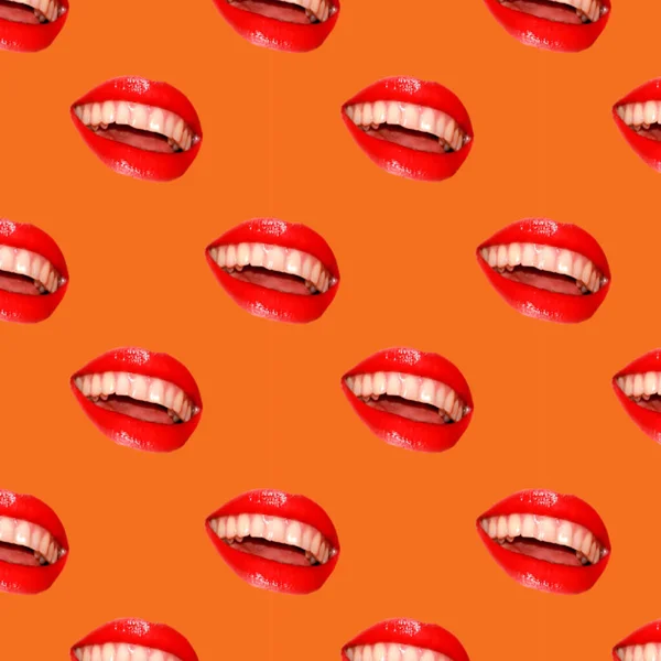 A woman's smile on an orange background. Bright background with red lips. White, even teeth. Pattern.