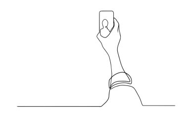 Kişinin selfie 'si bir çizgi çiziyor. Akıllı telefon ya da cep telefonu kamerasıyla fotoğraf çeken bir adam. Selfie vektörünün sürekli çizimi. Minimalizm tarzı illüstrasyon beyaz arka planda izole edilmiştir. El çizimi.
