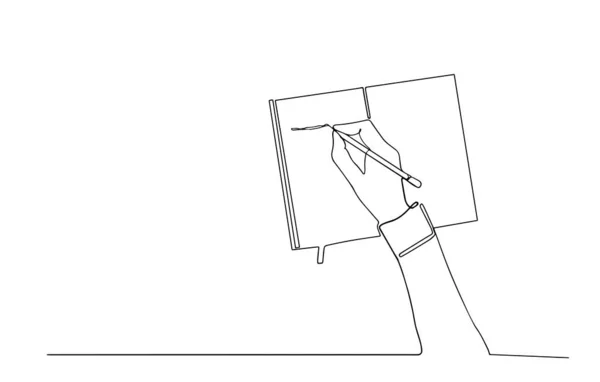 Векторная Иллюстрация Одна Рука Лежит Поверх Непрерывной Линейной Иллюстрации Ноутбука — стоковый вектор