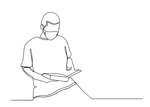 Disegno Linee Continue Dell Uomo Che Studia Libro Lettura Giovane — Vettoriale Stock