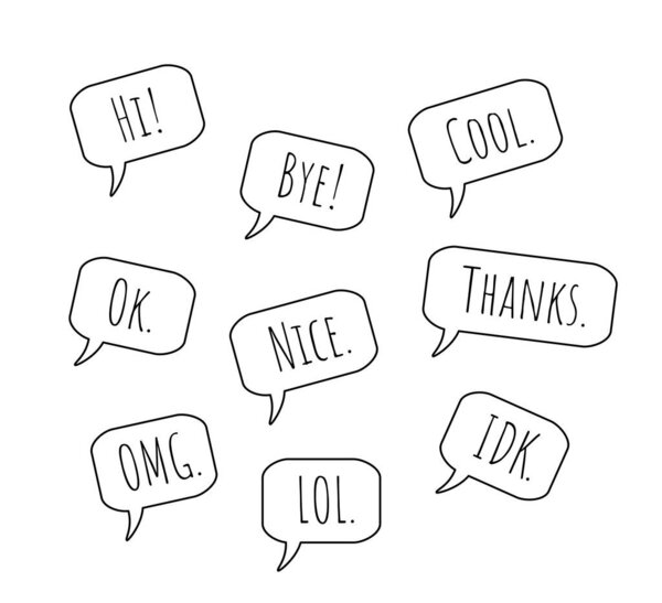 Different languages. Translation concept. Hand drawing vector icon illustration on a white background. Fashionable speech bubbles are set in a flat design with short messages.