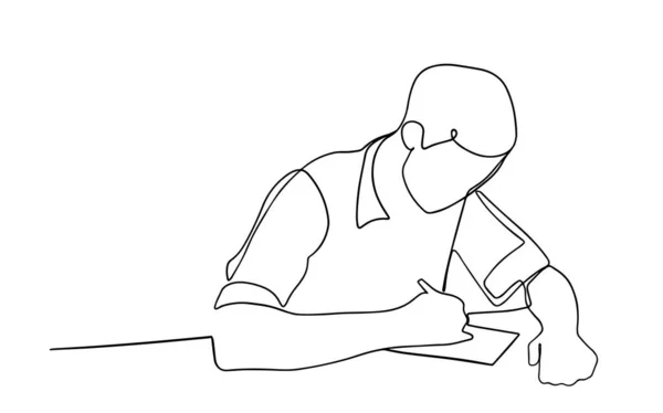 一个穿着衬衫坐在桌旁写东西的人的连续线条艺术形象 它可以用于动画 白色背景上的黑色等高线的矢量图解 学习的人 — 图库矢量图片
