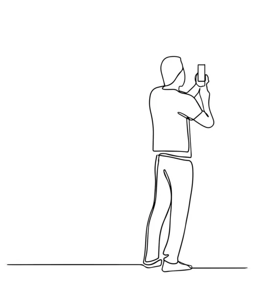 Homme Prenant Des Photos Avec Smartphone Dessin Ligne Vue Latérale — Image vectorielle