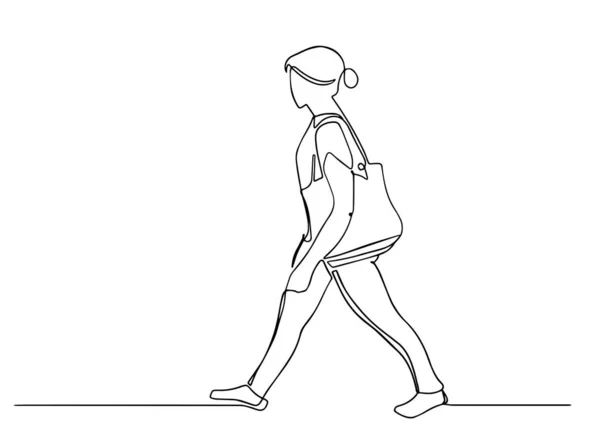 Continuous one line woman walk with bag side view. Vector stock illustration. Woman with handbag one line.
