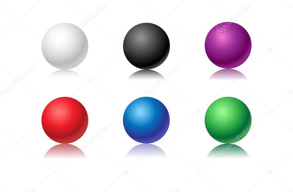 Collection of colorful glossy spheres isolated on white. Vector illustration for your design. White, black, purple, red, blue, green balls illustration. Illustration of a photo-realistic template.