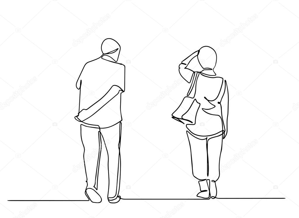 Old people having a walk. Two people walking side view.Old people one line drawing. vector illustration