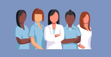 Avrupalı, Afrikalı doktor ve hemşirelerin beyazda izole edilmesinin vektör çizimi. Farklı kadınlardan oluşan tıbbi ekip. Kadın gücü kavramı. Coronovirus. Covid-19, tıp çalışanları doktor grubu.