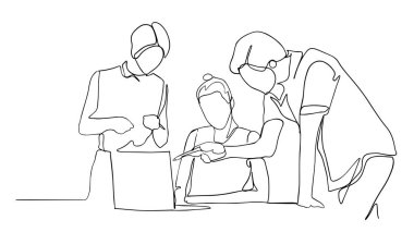Work process - colorful line design style illustration on white background. High quality composition with two men, business colleagues discussing the project at the computer, one helping another clipart