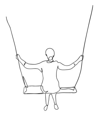 Salıncakta oturan genç bir kadın karakter. Modern yaşam tarzı. Eğleniyorum. Düzleştirilebilir vektör illüstrasyonu, klipsli sanat kesintisiz çizgi çizimi salıncakta sallanan bir kızın