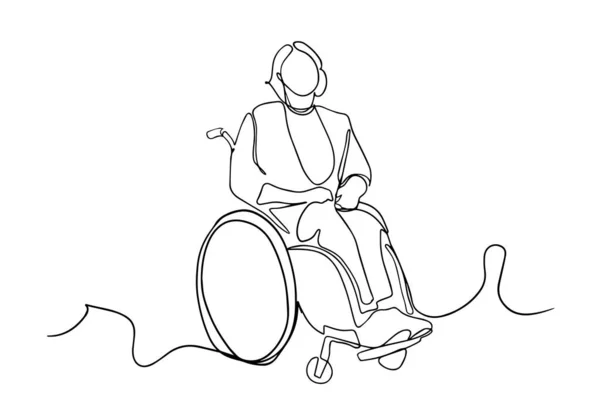病院で車椅子を持つ高齢者の一本の線画 連続線画ベクトル 手描きのシルエットで描かれた車いすの上に一人の女性を描き続ける — ストックベクタ