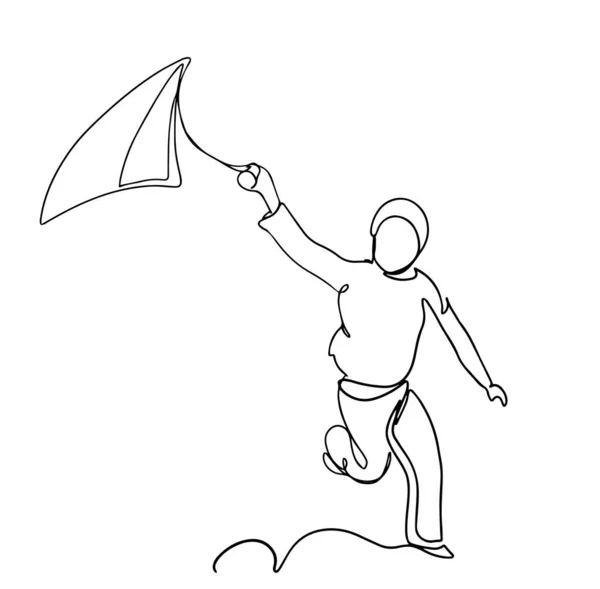 One Line Art Drawing Person Playing Kite Vector Illustration Freedom — Stock Vector