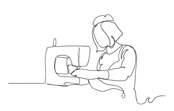 Непрерывный Одиночный Рисунок Одна Линия Женщина Шьет Швейной Машинкой Ручной — стоковый вектор