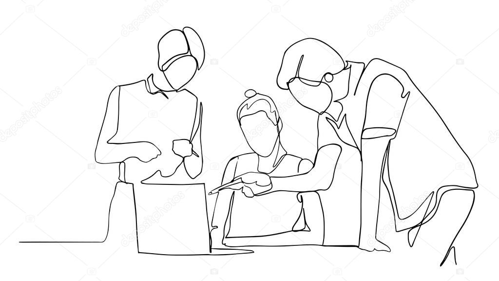 Work process - colorful line design style illustration on white background. High quality composition with two men, business colleagues discussing the project at the computer, one helping another