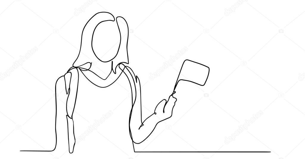 beatiful woman holding a flag vector line drawing. Girl with a small flag standing illustration.one line vector illustration