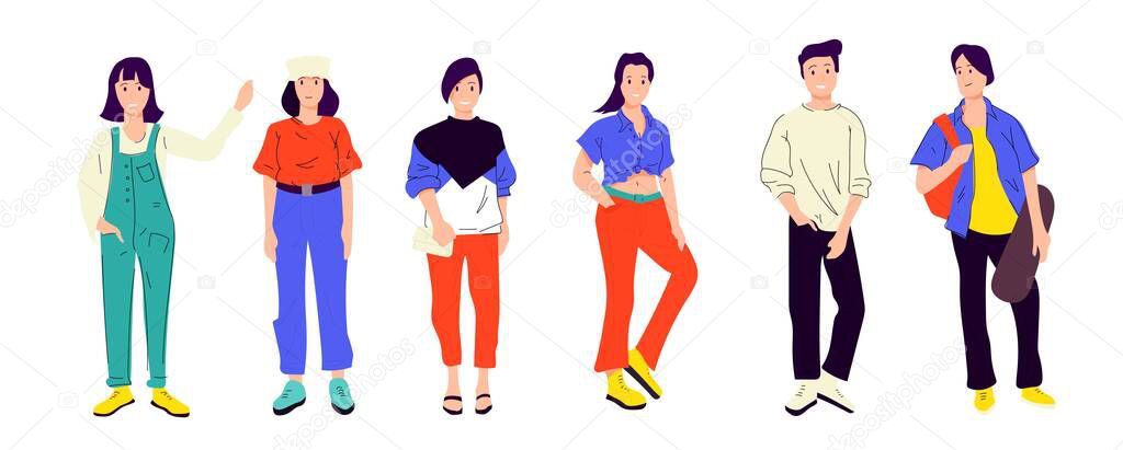Illustration of a young fashionable people. Vector. Girls and boys in fashionable modern clothes. Generation of Millenials. People of different nations and races, shoppers and shopaholics.