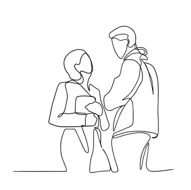 Aralıksız tek bir çizim çizgisi düz karalama, öpücük, içki, aşk, çift, kadın. İzole edilmiş el çizimi beyaz bir arkaplanda. Kadın ve erkek ayakta ve konuşuyorlar. Erkek ve kadın.