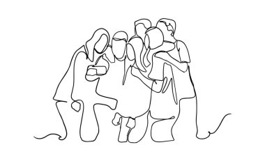Bir grup mutlu genç arkadaş selfie çekiyorlar. Bir çizgi çiziyorlar. Grup üyelerinin özçekimlerinin sürekli bir çizimi. Kadın ve erkek, anlık vektör minimalizmini yakalamak için akıllı telefonla fotoğraf çekiyor..
