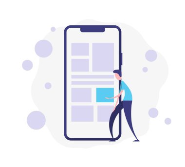 Adam akıllı telefonu karıştırıyor ve bir şey seçiyor. Vektör çizimi. İnternetten alışveriş kavramları. İnternet resimlerinde sörf yapan adam..