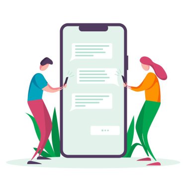 Akıllı telefon ekranında sohbet eden insanlar, sanal ilişki vektörü, iniş sayfası, şablon, UI, web, mobil uygulama, poster, afiş, el ilanı için kullanılabilir. Telefonda yeni sohbet mesajları bildirimi