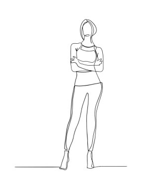 Durmayan kadın çizgileri. Kollarını kavuşturmuş kendine güvenen bir kadının durmaksızın çizdiği çizgi. vektör illüstrasyonu.