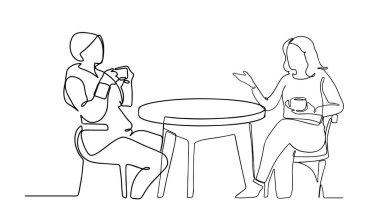 Continuous line drawing of a women dining in a restaurant. Two beatiful women chatting and drinking coffee at a restourant. Two lady having a conversation one line drawing vector Continuous line drawing of a women dining in a restaurant. Two beatiful women chatting and drinking coffee at a restourant. Two lady having a conversation one line drawing vector