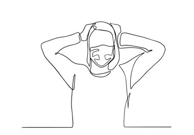 Hasta kadın baş ağrısı, migren ve ateş çekiyor. Kafasını, alnını, elini tutan kişi. El çizimi vektör çizimi. Tıbbi maske takan bir kadının ateşi var. Coronovirus. covid-19.