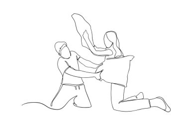 Erkek ve kadın yastık kavgası sayısız çizgi çizimi. Yastık savaşı. Kendini soyutlama. Evde kalma konsepti. Bir erkek ve kadın yatak odasındaki yatakta yastık savaşı yaptılar. Oynayan yetişkinler