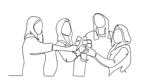 La gente celebra. Amigos bailando y riendo juntos. Grupo de hombres y mujeres felices se divierten y beben cócteles. línea continua dibujo Amigos fiesta celebración champán diversión felicidad — Vector de stock