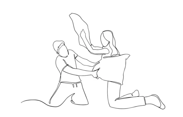Hombre Mujer Almohada Lucha Ilustración Línea Numerosa Pelea Con Pilow — Vector de stock