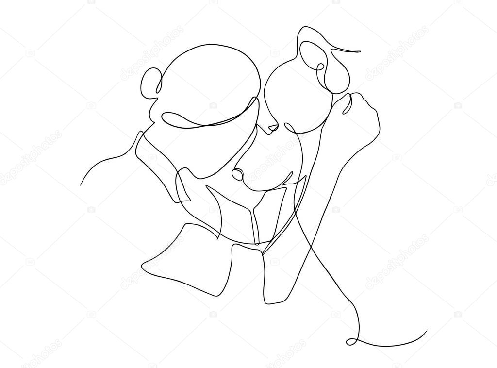Continuous line drawing of a happy pet with a dog. A young woman squatting, hugs and kisses her dog. Funny girl hugs her pet. Vector illustration.