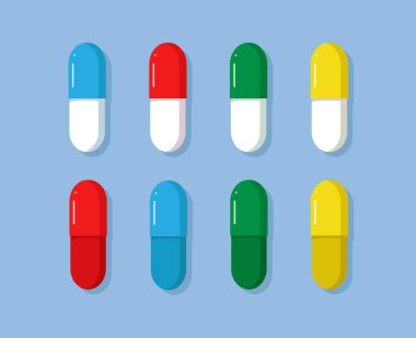 Vektör hapları ve renk kapsülleri izole edildi. farklı renk hapları vektör illüstrasyonu. Uyuşturucu, ilaç simgeleri.