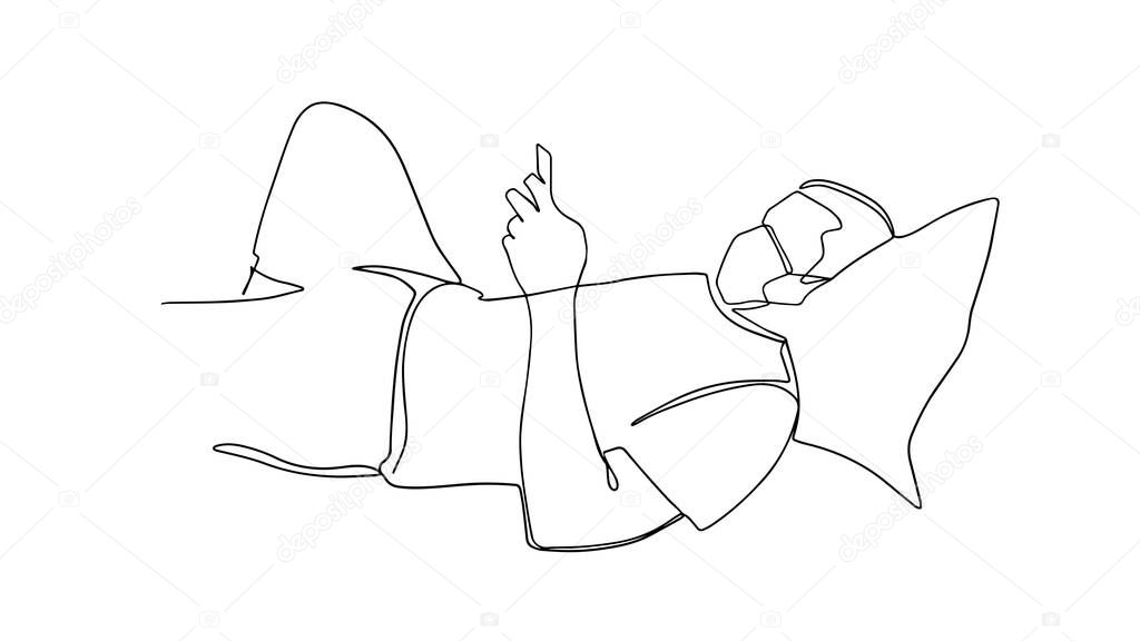 Drawing of a man in medical mask laying on a couch watching his smartphone continuous line illustration. Man with a smartphone relaxing during quarantine. Man in protective mask vector line drawing