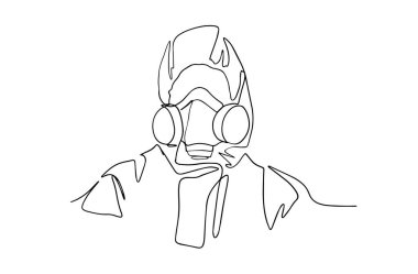 Tehlikeli madde kıyafetleri giyen ve karantina bandı ile izole edilmiş çizgi çizimleri olan bir adamın çizim vektör çizimi. Güvenlik virüsü enfeksiyonu konsepti. Vektör. Koronavirüsten korunmak için. COVID-19.