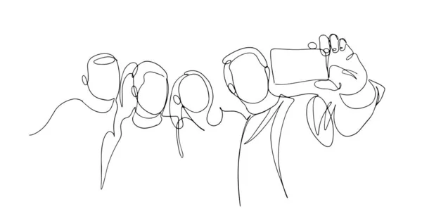 Dibujo continuo de una línea de selfie de personas de grupo. Hombre y mujeres tomando una foto con el teléfono inteligente para capturar el minimalismo vectorial momento diseño simplicidad. Foto de grupo dibujo vectorial de una línea. Vector. — Vector de stock