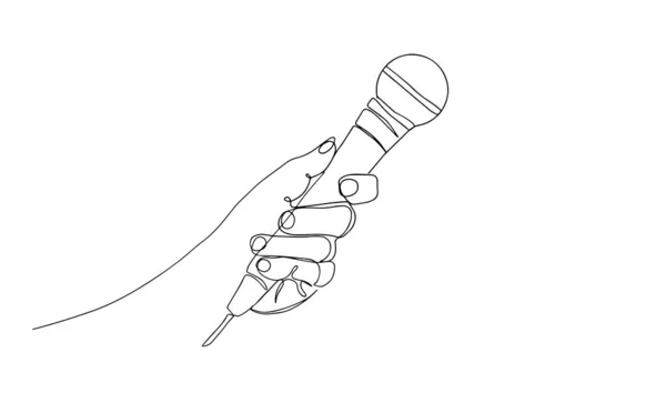 Continu Line Drawing Vector Hand holding bekabelde microfoon een lijn vector tekening. iemand met een microfoon enkele continue lijn illustratie. — Stockvector