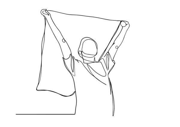 Hombre visto desde atrás sosteniendo una bandera LGBT sobre su cabeza dibujo vectorial de una línea. Hombre corriendo con una bandera única línea continua ilustración . — Archivo Imágenes Vectoriales