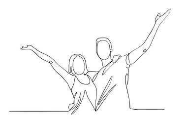 Mutlu adam ve kadın çizgi çiziyor. Mutlu çift sevinçlerini ifade ediyor. Duyguların ve duyguların konsepti. bir çizgi vektör illüstrasyonu.