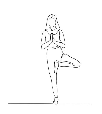 Sürekli kadın fitness yoga konsepti vektör sağlık çizimi çizimi. El resmi siluetinden sürekli çizilmiş bir yoga çizgisi. Çizgi çalışması. karakter bayan atlet.