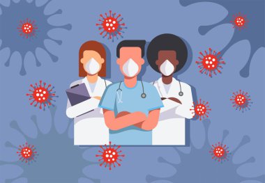 Coronavirus 2019-NCoV.doctor karakterleri beyaz tıbbi yüz maskesi korumasında. Coronavirus kavramını durdur. Tıp doktoru, hemşire, terapist, cerrah, hastane çalışanları, bir grup sağlık görevlisi.
