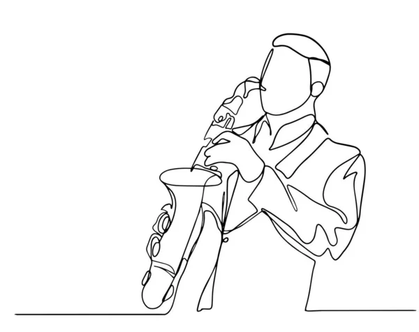 Linea continua L'uomo suona la tromba strumento jazz Stile semplice disegnato a mano stile musicale vettoriale illustrazione. Linea continua disegno giovane soffiaggio sassofono tromba ottone strumento jazz classe — Vettoriale Stock