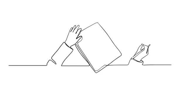 Un dessin de ligne continue du geste d'écriture à la main sur un morceau de papier Écrire l'illustration de conception de dessin de ligne unique concept. mains de première vue écriture avec un stylo. — Image vectorielle