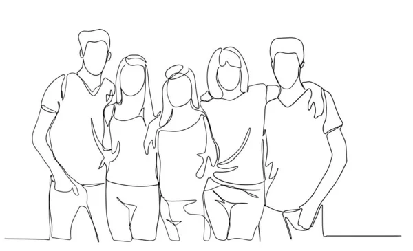 高中同学们站在一起，拥抱着直线画图。一群朋友互相依偎在一起。友谊和感情支持的概念. — 图库矢量图片