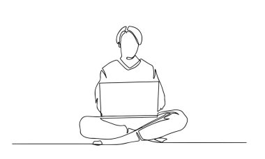 Devamlı bir kadın çizimi. İş konsepti. Güzel bir kadın yerde oturuyor ve elinde dizüstü bilgisayarla beyaz bir arka planda duruyor. Vektör çizimi. Sosyal görevli.